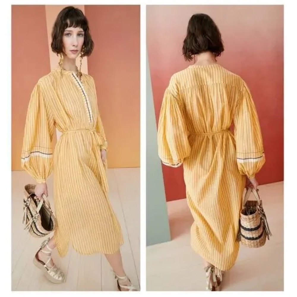 ULLA JOHNSON RABEA WHEAT STRIPED BELTED RELXED DRESS SIZE 2 - Picture 3 of 16